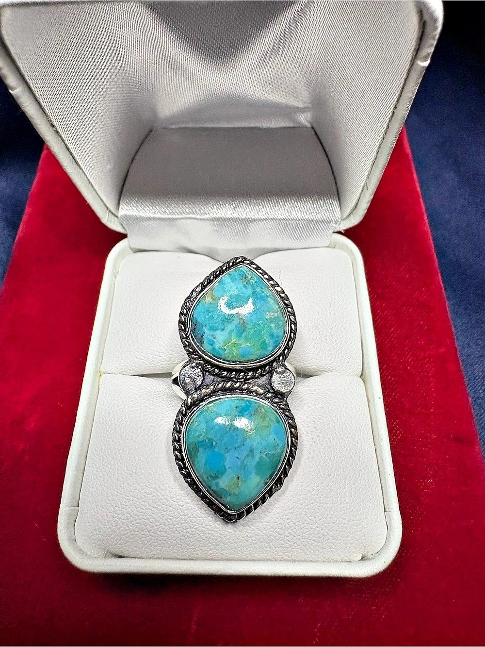 Ring Genuine Turquoise Double-Stone Sterling Silver